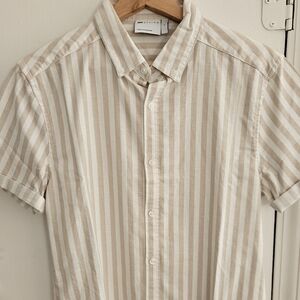 ASOS Slim Stretch Oxford In Stone Stripe, Short Sleeve